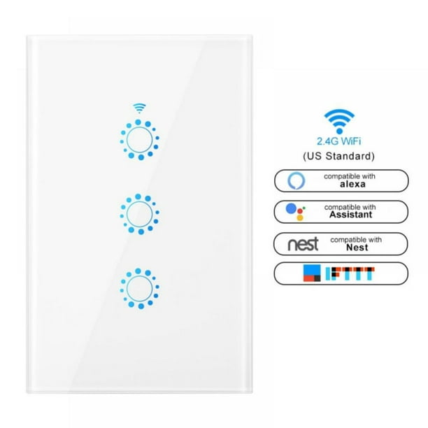 US WiFi Smart Switch 3 Gang APP Remote Control Glass Panel White